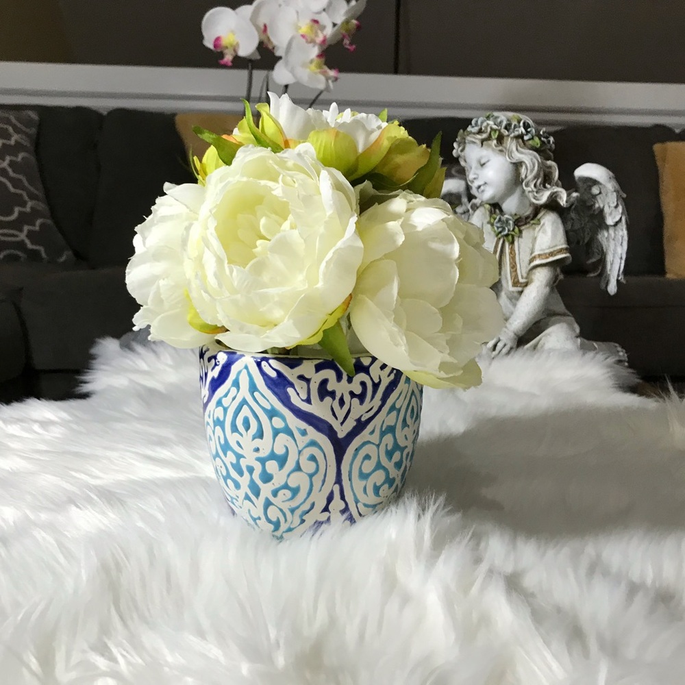 Peonies in Ikat Blue Vase